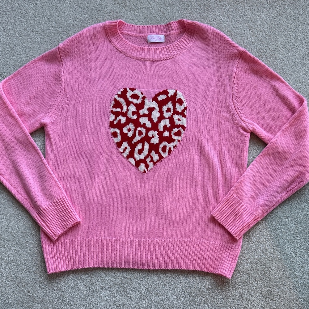 Pink Lily Pink Leopard Heart Valentine Sweater Size Small